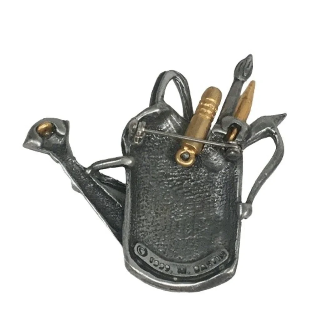 Marjolein Bastin Watering Can Brooch Pin Signed 1999 Pewter Garden Art Crafts